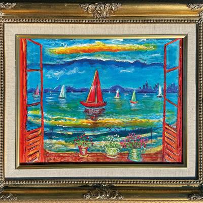 Red Sail Over Sausalito Bay